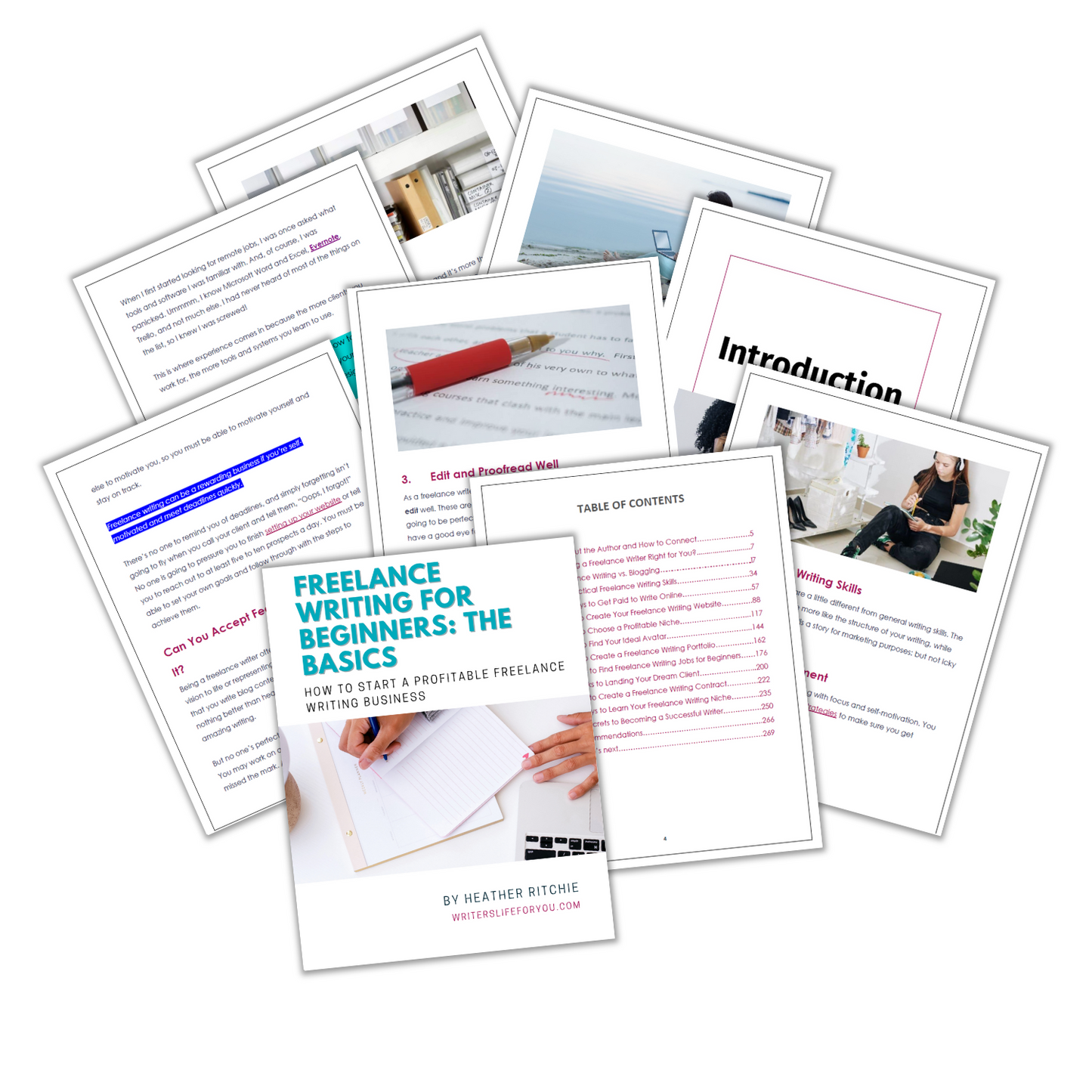 A set of pages from an ebook titled "Freelance Writing for Beginners: The Basics" by Heather Ritchie, available at ContentPreneur Biz Shop. The collection includes a cover, table of contents, introduction, and content on writing skills, editing, and launching a website to attain financial independence through freelance writing.