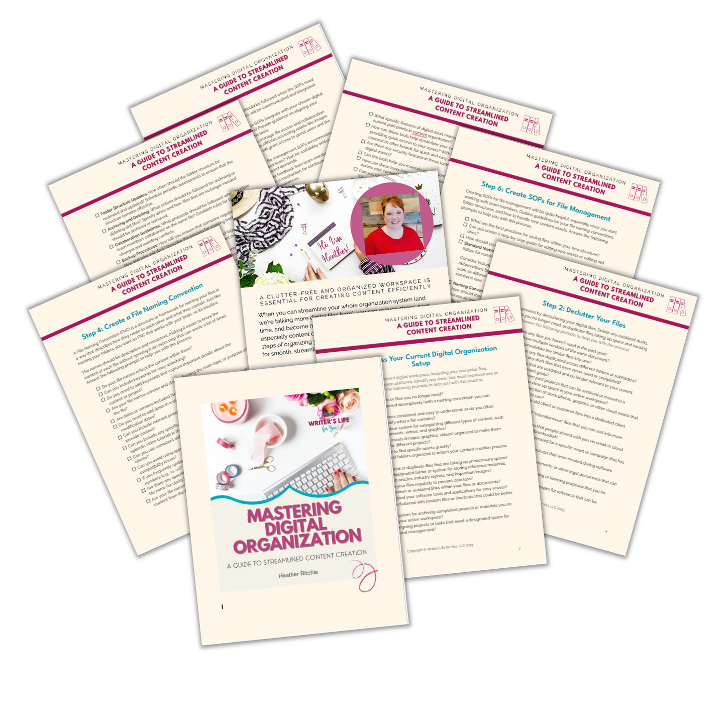 The "Mastering Digital Organization" guide by ContentPreneur Biz Shop provides insights into optimizing your digital workspace. This collection includes text and step-by-step instructions, a cover image showcasing a keyboard and stationery, and features a small photo of a person on one of the pages.