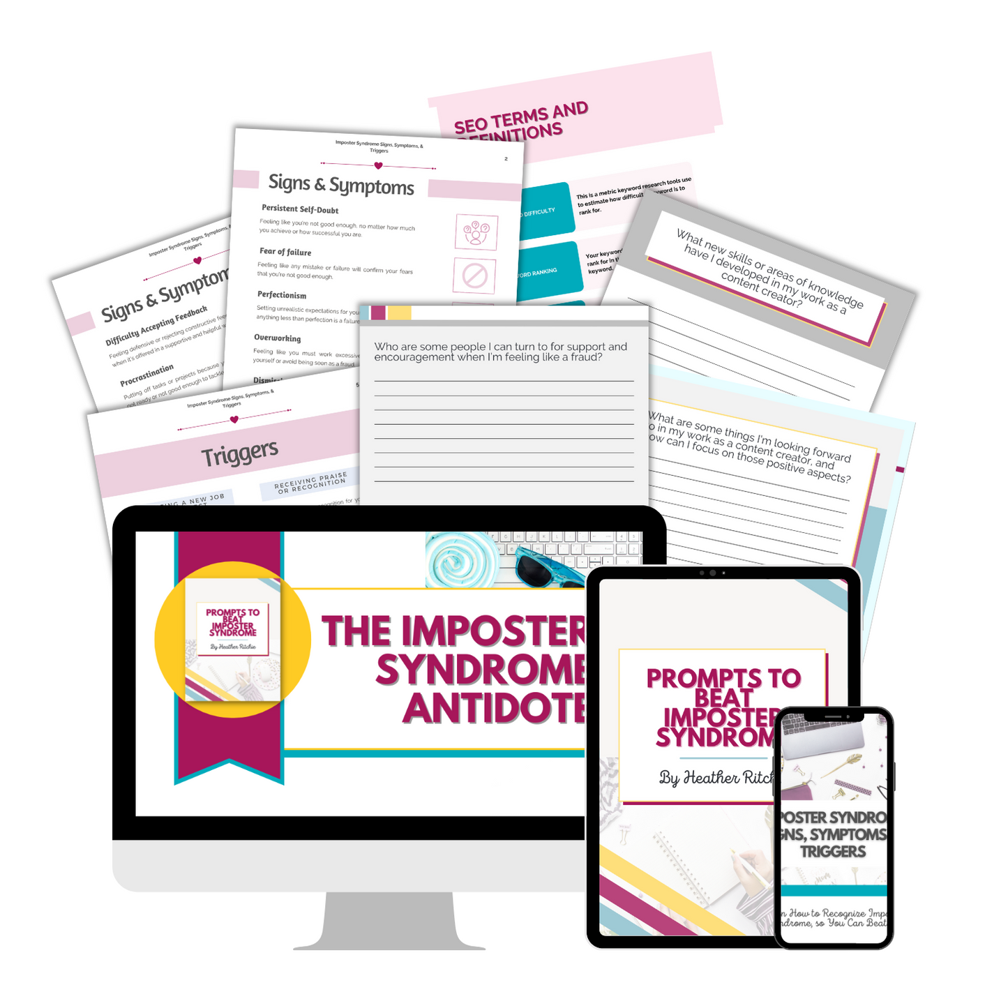 On a computer screen, tablet, and smartphone, there is a showcase of digital resources from ContentPreneur Biz Shop's "The Imposter Syndrome Antidote." In the background, various documents feature headings such as "Signs & Symptoms" and "Personal Growth Tips," all designed to promote self-confidence.