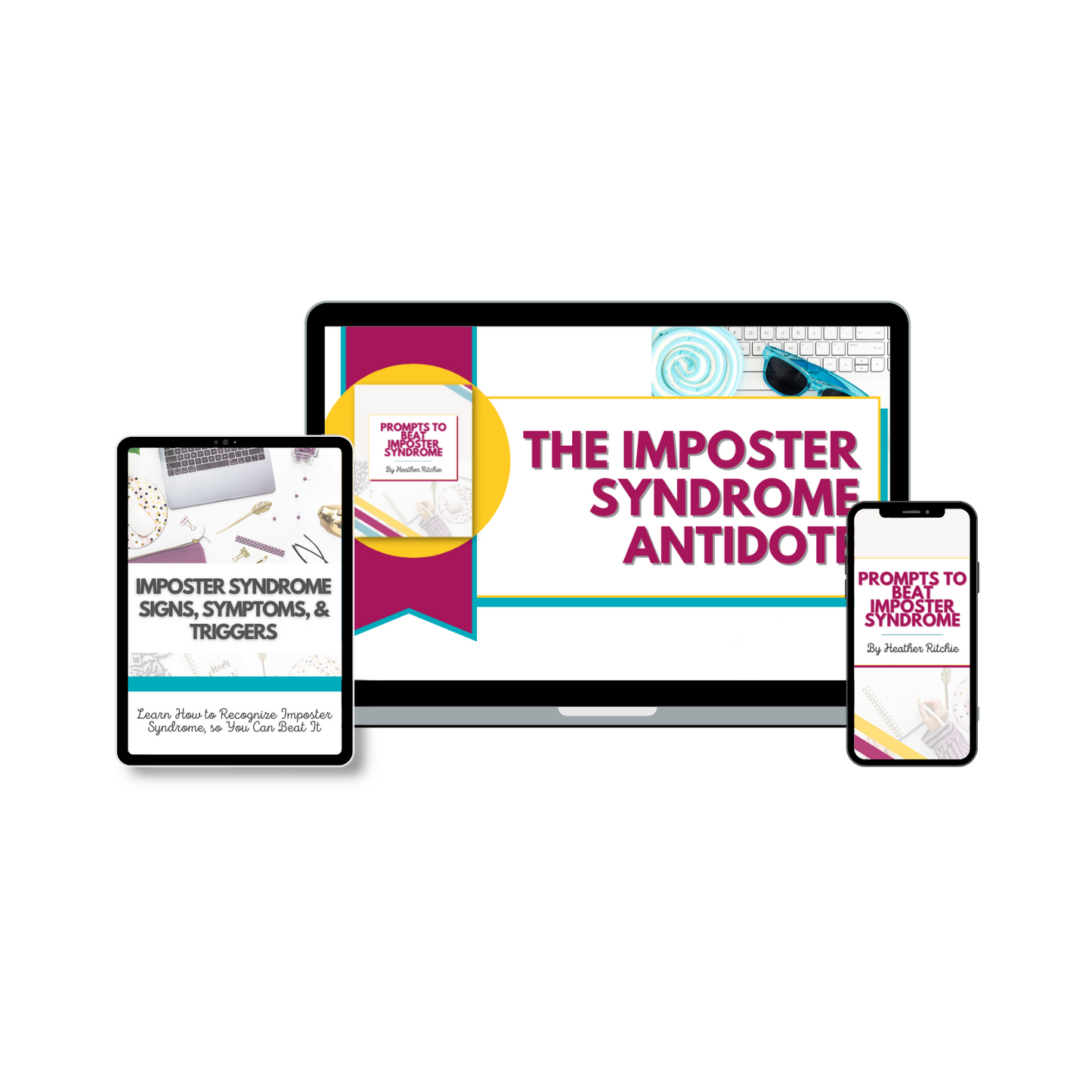 A laptop, tablet, and smartphone display digital content related to imposter syndrome. The laptop shows "The Imposter Syndrome Antidote" by ContentPreneur Biz Shop, the tablet highlights signs and symptoms for personal growth, and the smartphone displays a book titled "Prompts to Boost Self-Confidence.