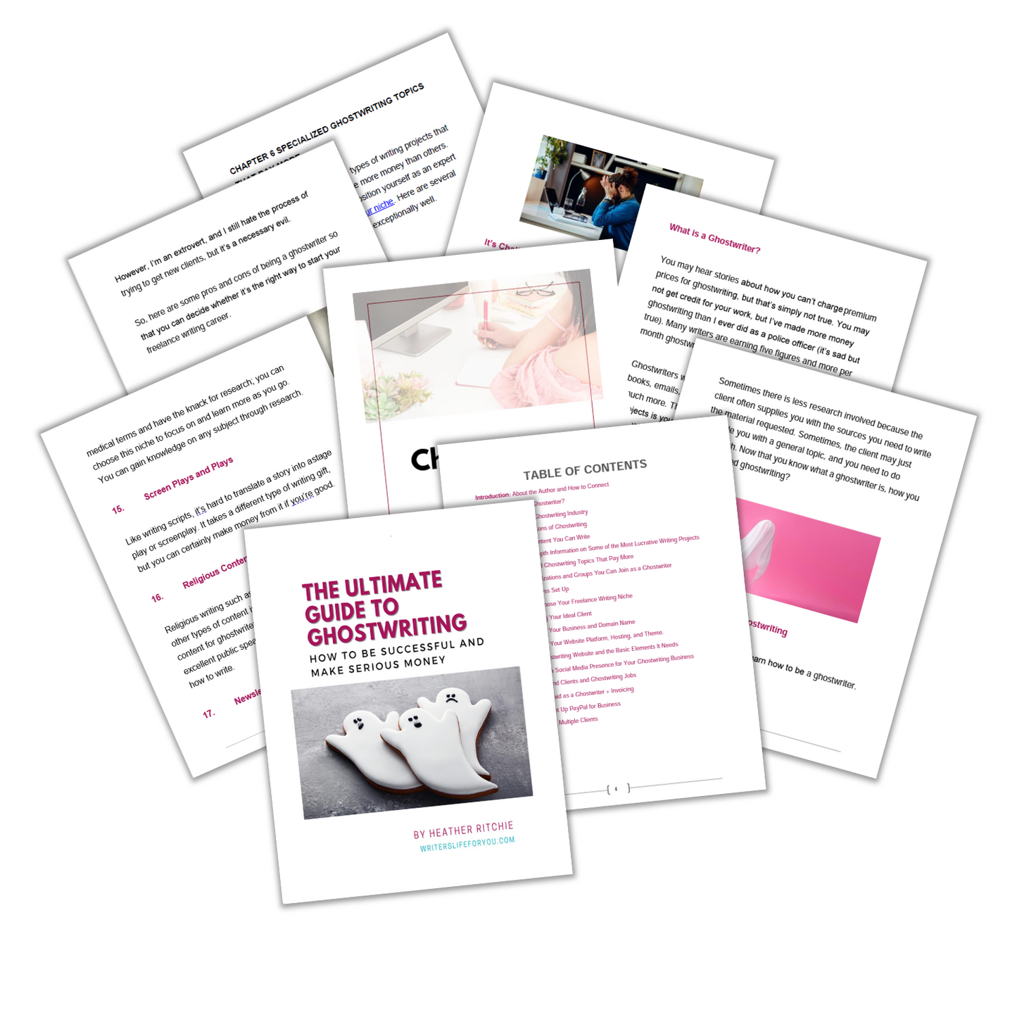 A collage of pages showcases "The Ultimate Guide to Ghostwriting," a guide by Heather Ritchie, featuring text, a table of contents, and images related to freelance writing from the ContentPreneur Biz Shop. It offers insights into ghostwriting services for achieving financial independence.