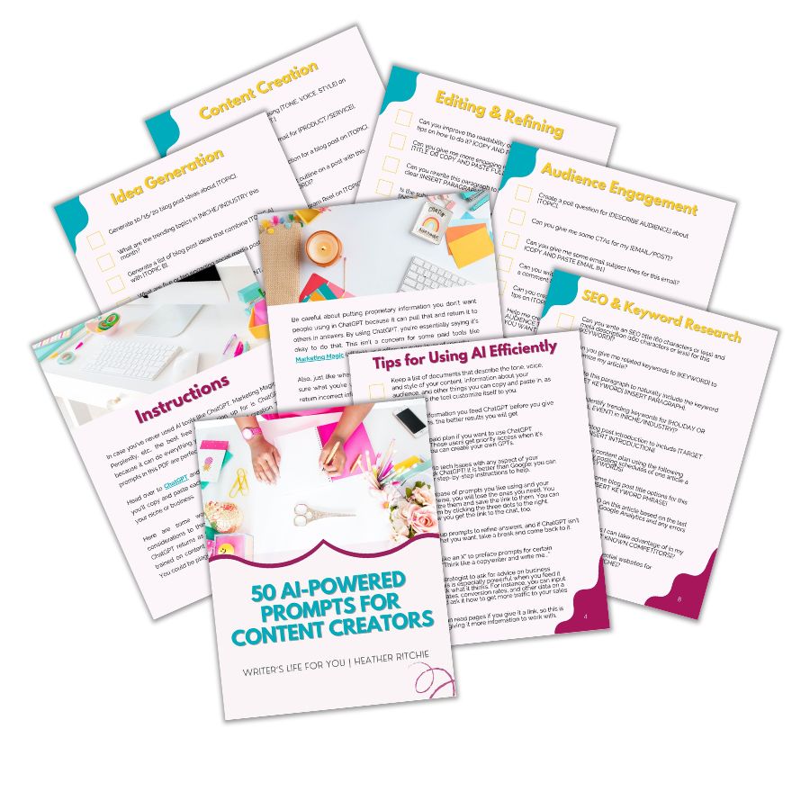 A collection of seven instructional pages called "AI-Powered Prompts for Content Creators" by ContentPreneur Biz Shop provides essential insights into AI-driven content creation, repurposing, editing, audience engagement, SEO, and idea generation. The design elegantly showcases images of a creative workspace.