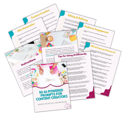 A collection of seven instructional pages called "AI-Powered Prompts for Content Creators" by ContentPreneur Biz Shop provides essential insights into AI-driven content creation, repurposing, editing, audience engagement, SEO, and idea generation. The design elegantly showcases images of a creative workspace.