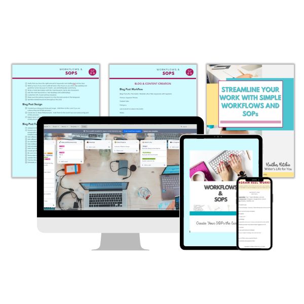 A computer monitor, tablet, and smartphone showcase a digital workspace with AI-Driven Workflows and SOPs GPT documents from ContentPreneur Biz Shop. Additional documents titled "AI-DRIVEN WORKFLOWS & SOPs GPT" and "Streamline Your Work" emphasize the power of content repurposing to automate content creation, all featuring a cohesive design theme.