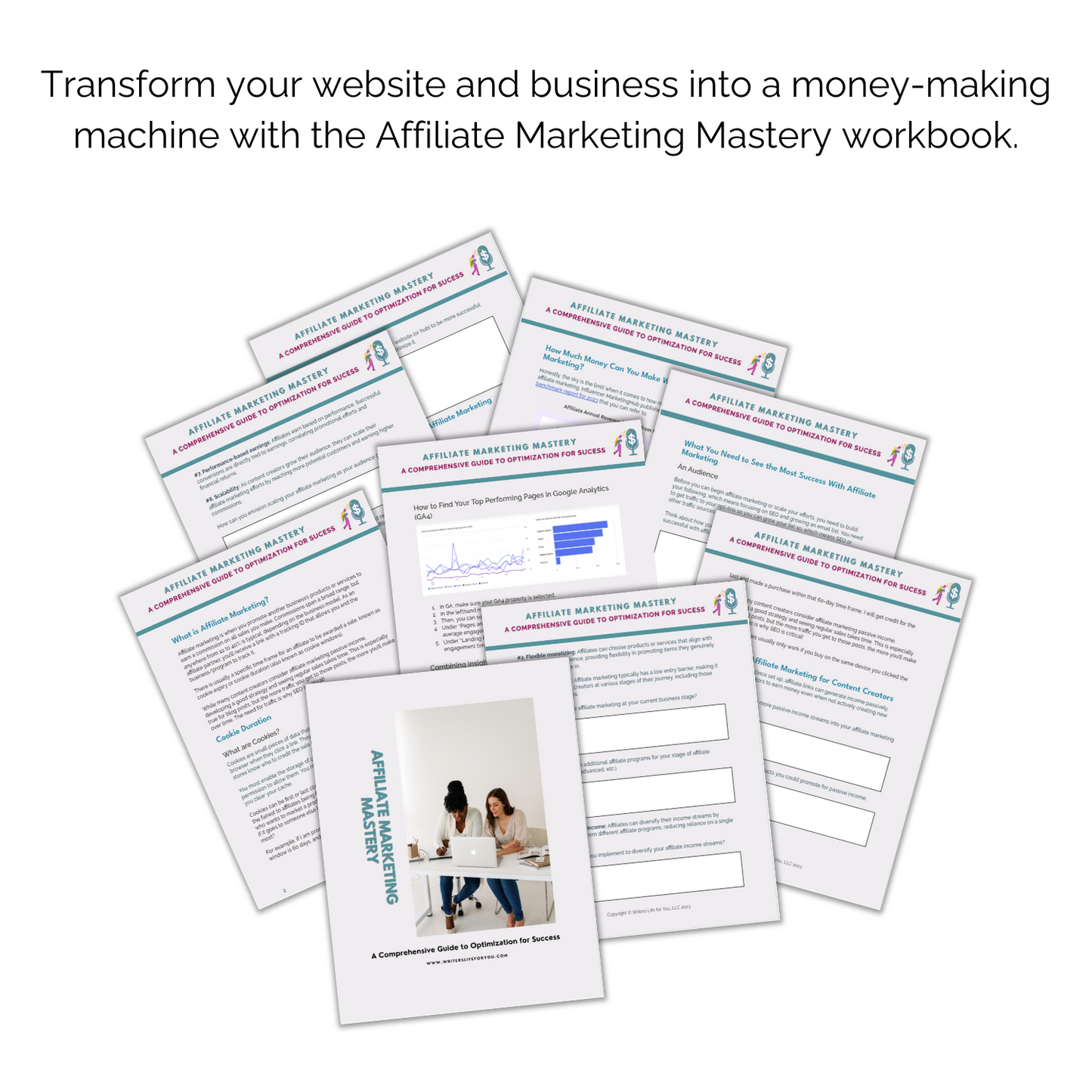 An advertisement for the "Affiliate Marketing Mastery: A Comprehensive Guide to Optimization for Success" workbook from ContentPreneur Biz Shop, featuring an array of workbook pages with charts and texts spread out, and a central image showing two people discussing affiliate marketing strategies over a workbook.