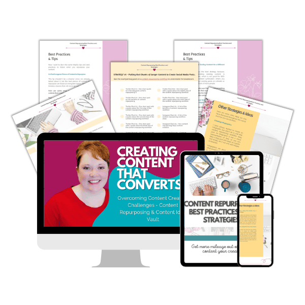 A digital mockup featuring a computer monitor, tablet, and smartphone from ContentPreneur Biz Shop showcases the marketing materials titled "Creating Content That Converts," capturing some of the bonuses that come with the course, including the Content Repurposing Guide. Various pamphlets with headings like "Best Practices" and "Other Strategies" are scattered around the devices.
