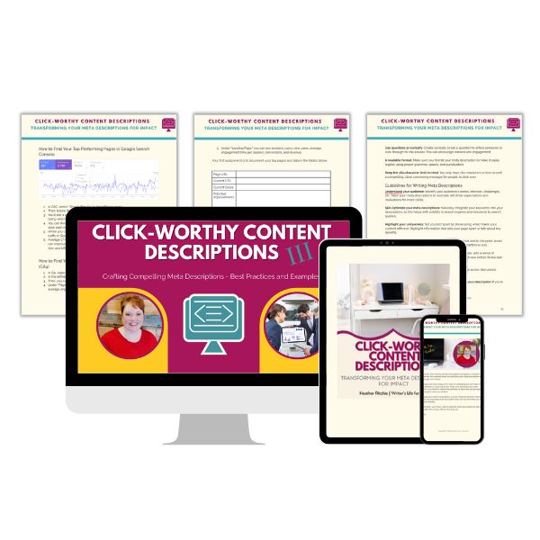 A digital display highlights an array of devices featuring the online course "Click-Worthy Content Descriptions: Transforming Your Meta Descriptions" from ContentPreneur Biz Shop. This course covers best practices in media descriptions, SEO techniques, and examples of meta descriptions, on computer, tablet, and smartphone.