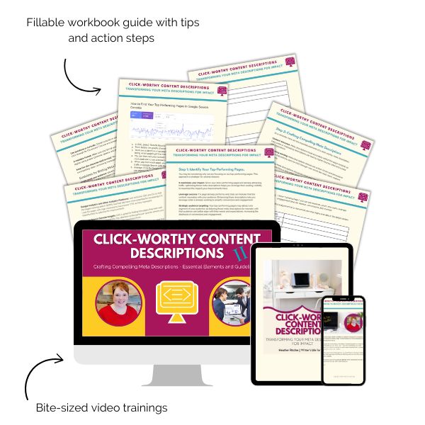 Mockups of the fillable workbook and guide with action steps and bite-sized video trainings in the bundle.