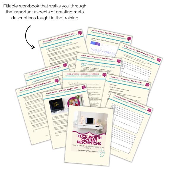 Image of a fillable workbook titled "Click-Worthy Content Descriptions: Transforming Your Meta Descriptions" by ContentPreneur Biz Shop. It includes pages with text and examples for crafting effective meta descriptions, slowing the scroll, and getting the clicks. The cover showcases an office setup with a computer, perfect for mastering strategies such as internal linking.