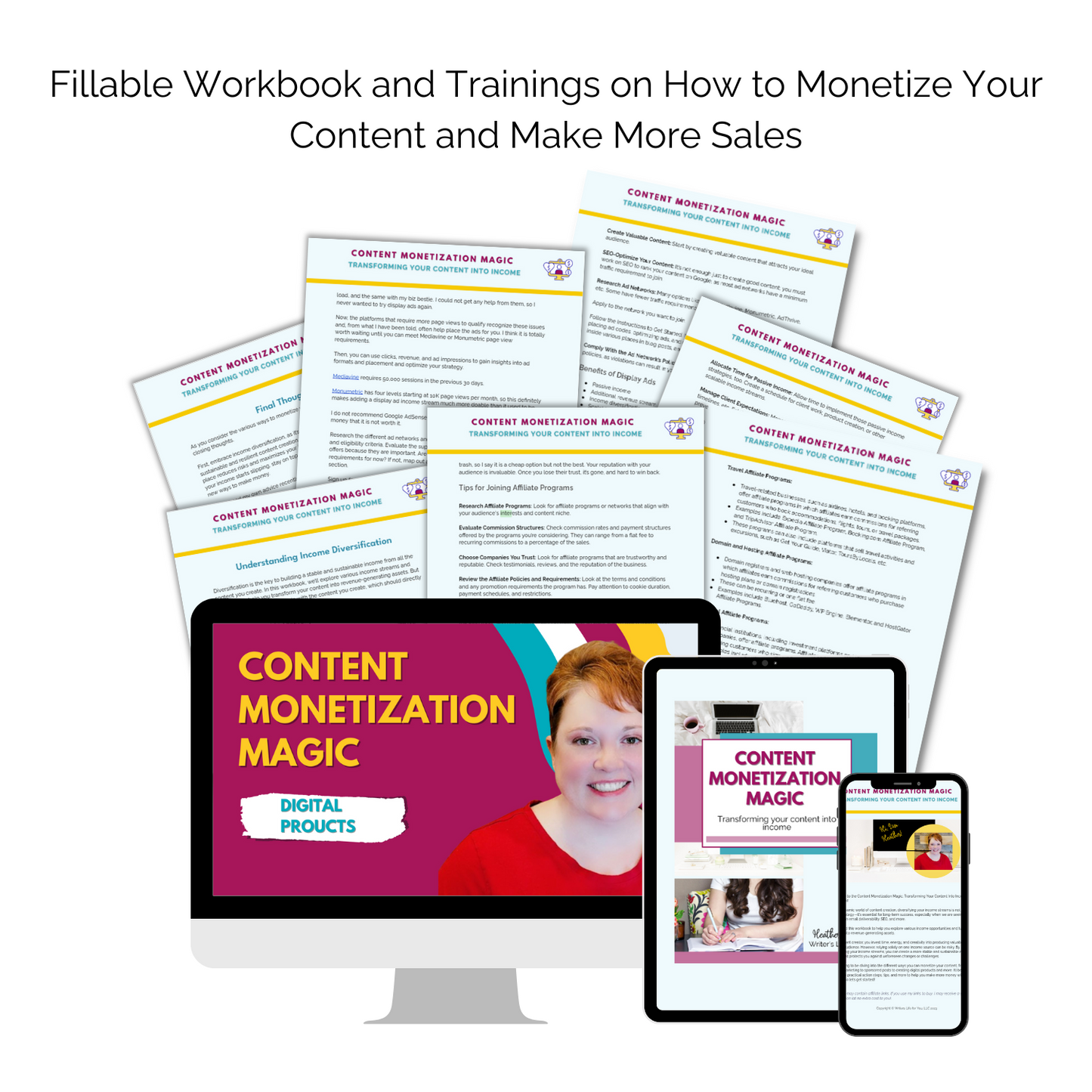 Cover of Content Monetization Magic Workbook displayed on a tablet, showcasing a vibrant and inviting design with key content creation strategies for maximizing online business revenue. Ideal for entrepreneurs seeking practical guides