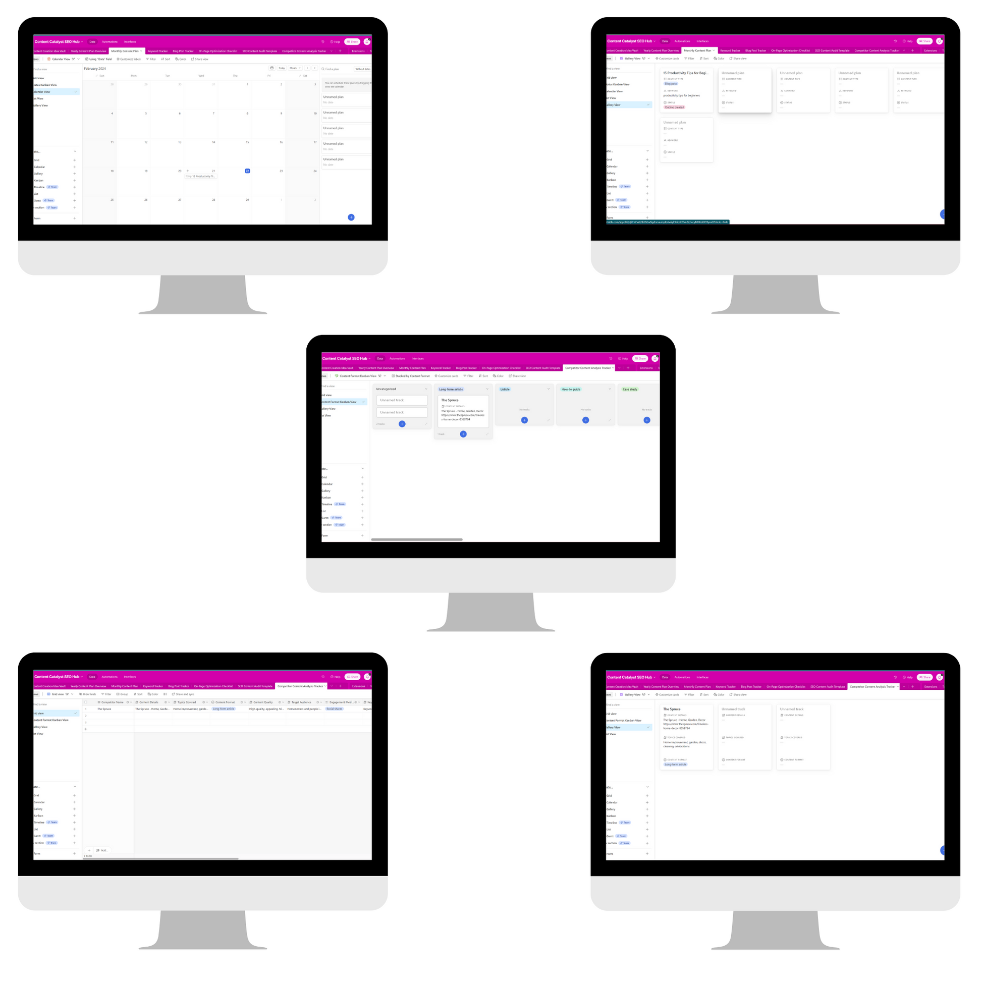 Five computer monitors display various screens of the Content Catalyst SEO Hub, featuring a purple header. The screens include a calendar and a variety of SEO and content tools for content creation by ContentPreneur Biz Shop.