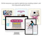 The ContentPreneur Biz Shop's "Content SOS Revamp to Rank Bundle" features a digital collage of on-page SEO resources. A monitor and tablet display "On-Page SEO Tune-Up" content next to documents labeled "Strategic Interlinking," "Helpful Content," and "Click-Worthy Content Descriptions." Close by, an individual works on a laptop, refining SEO strategies for enhanced conversions.