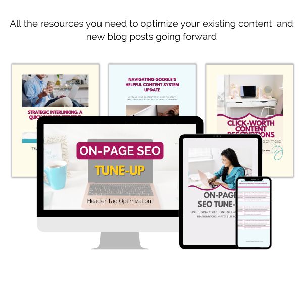 The ContentPreneur Biz Shop's "Content SOS Revamp to Rank Bundle" features a digital collage of on-page SEO resources. A monitor and tablet display "On-Page SEO Tune-Up" content next to documents labeled "Strategic Interlinking," "Helpful Content," and "Click-Worthy Content Descriptions." Close by, an individual works on a laptop, refining SEO strategies for enhanced conversions.