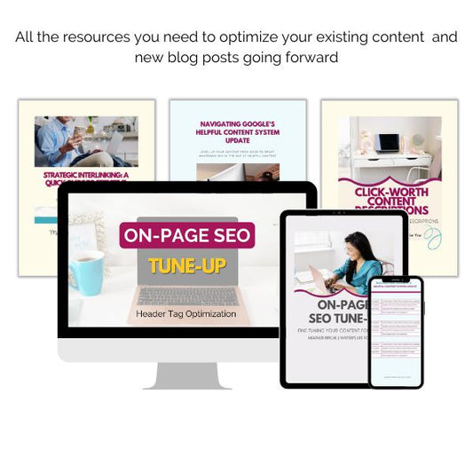 The ContentPreneur Biz Shop's "Content SOS Revamp to Rank Bundle" features a digital collage of on-page SEO resources. A monitor and tablet display "On-Page SEO Tune-Up" content next to documents labeled "Strategic Interlinking," "Helpful Content," and "Click-Worthy Content Descriptions." Close by, an individual works on a laptop, refining SEO strategies for enhanced conversions.
