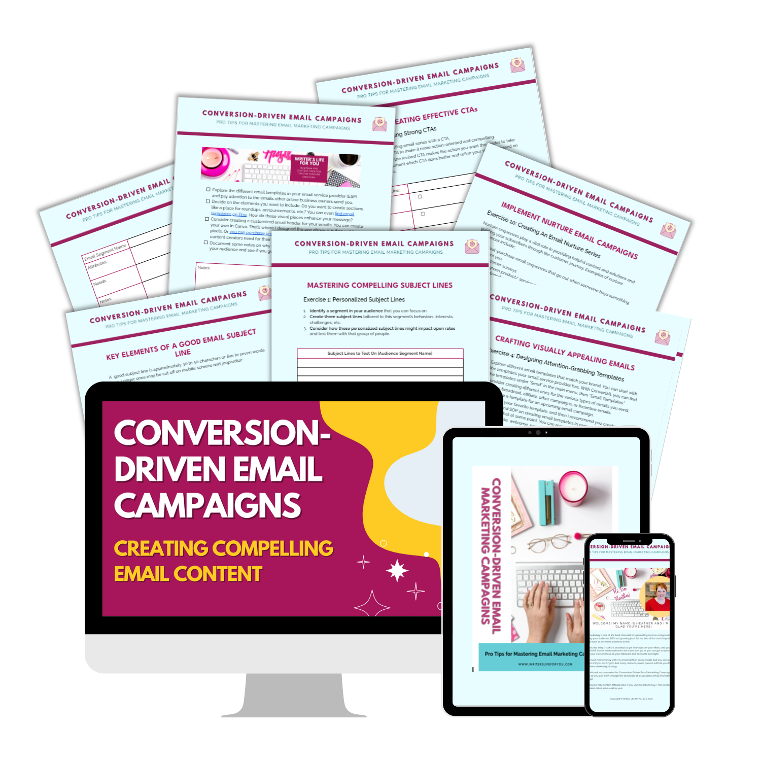 The image shows a collection of printed materials titled "Conversion-Driven Email Campaigns" by ContentPreneur Biz Shop laid out in a fan shape behind a computer monitor, tablet, and smartphone. The devices display the same course content about creating effective email campaigns to boost email marketing efforts.