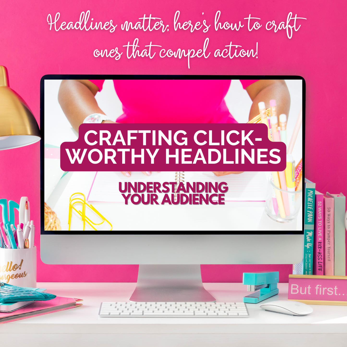 A hot pink background and computer where a content creator is creating click-worthy headlines.