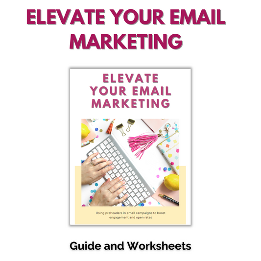 Cover image of a guide titled "Elevate Your Email Marketing With Irresistible Email Preheaders." The image features a person typing on a white keyboard with colorful confetti, pens, and small office items around. The bottom of the image mentions it includes guide and worksheets on email marketing essentials like email preheaders by ContentPreneur Biz Shop.