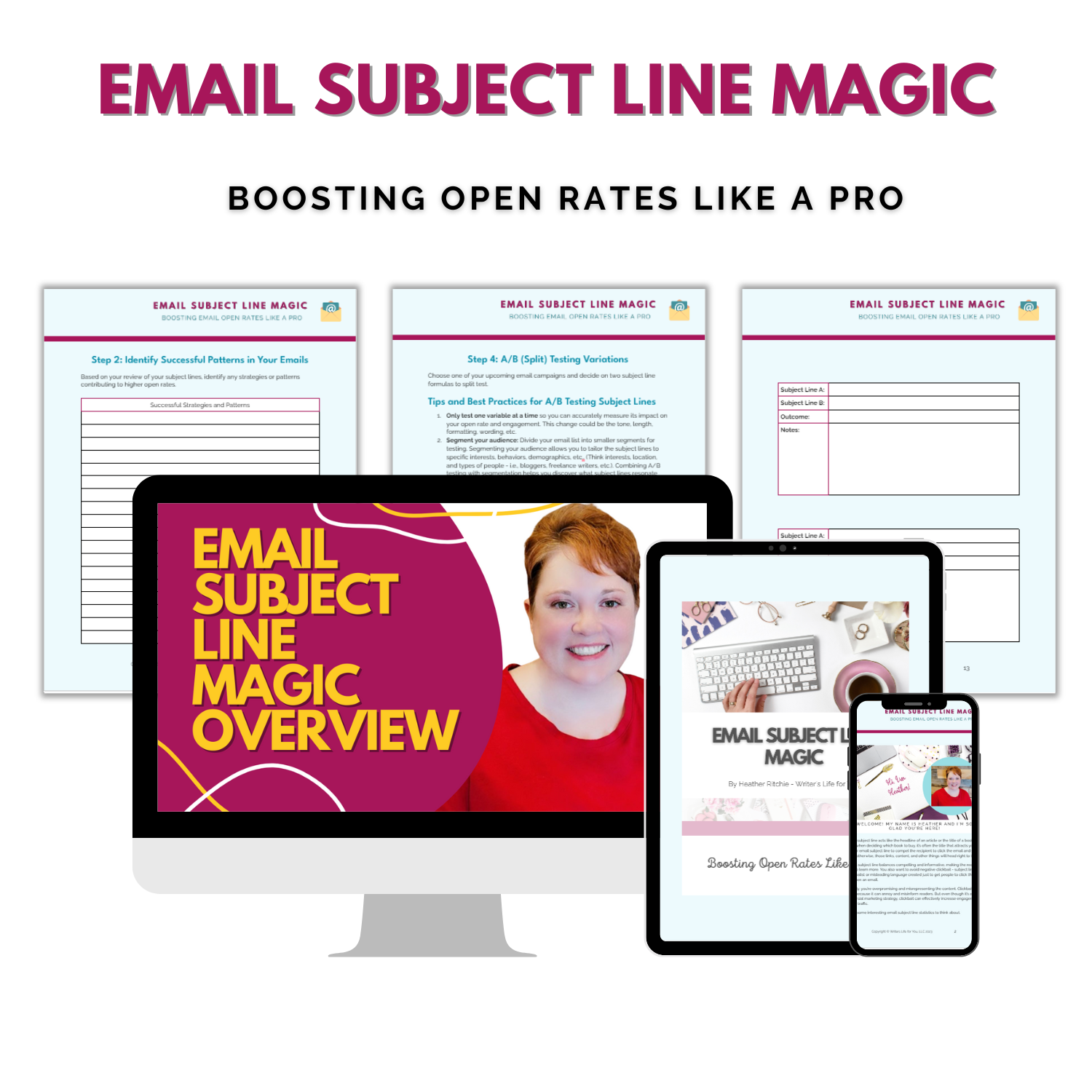 Image showing a set of digital resources titled "Email Subject Line Magic: Boosting Email Open Rates Like a Pro" by ContentPreneur Biz Shop aimed at boosting open rates. The image features templates, a computer screen with an "Email Subject Line Magic Overview" presentation, and a smartphone and tablet displaying related email marketing training content.