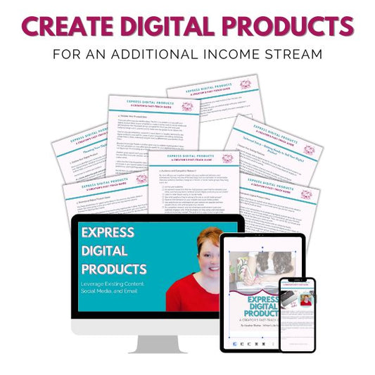 Mockup of Express Digital Products video training and workbook with text overlay, "Create Digital Products for an Additional Income Stream."