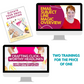 The image shows a promotional graphic featuring **Headline & Subject Line Magic: Boost Clicks and Opens** by **ContentPreneur Biz Shop** on computer screens. The training titles are "Email Subject Line Magic Overview" and "Crafting Click-Worthy Headlines." A text note says "Two trainings for the price of one.