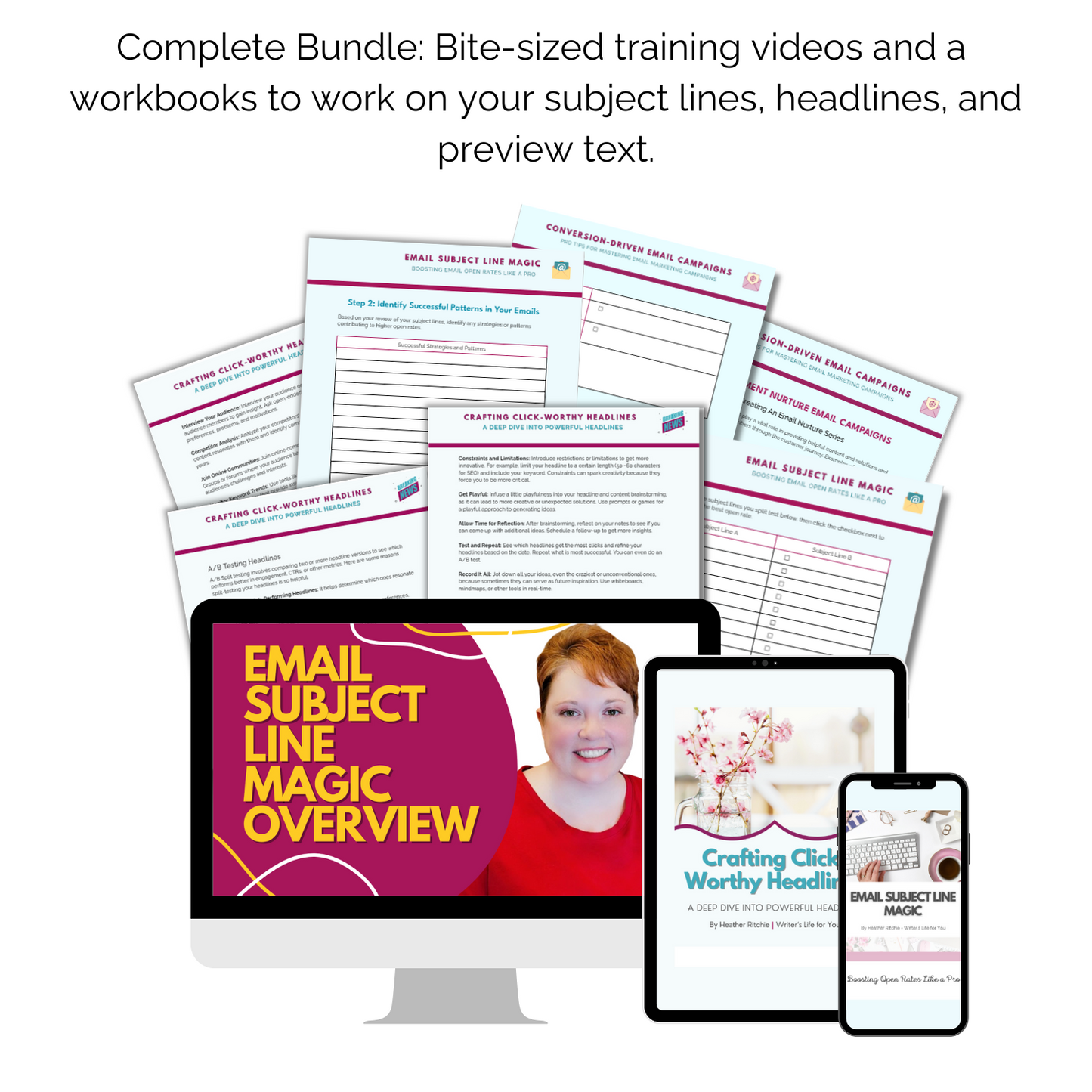 A collection of training materials titled "Headline & Subject Line Magic: Boost Clicks and Opens" by ContentPreneur Biz Shop. Includes printed pages, a booklet titled "Email Subject Line Magic Overview", a tablet displaying "Crafting Click Worthy Headlines", and a smartphone.