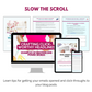 An image displaying various marketing resources titled "Slow The Scroll." The main focus is a desktop monitor showing "Headline & Subject Line Magic: Boost Clicks and Opens" from ContentPreneur Biz Shop, accompanied by a laptop, tablet, and smartphone with similar content. Text below suggests learning email tips.