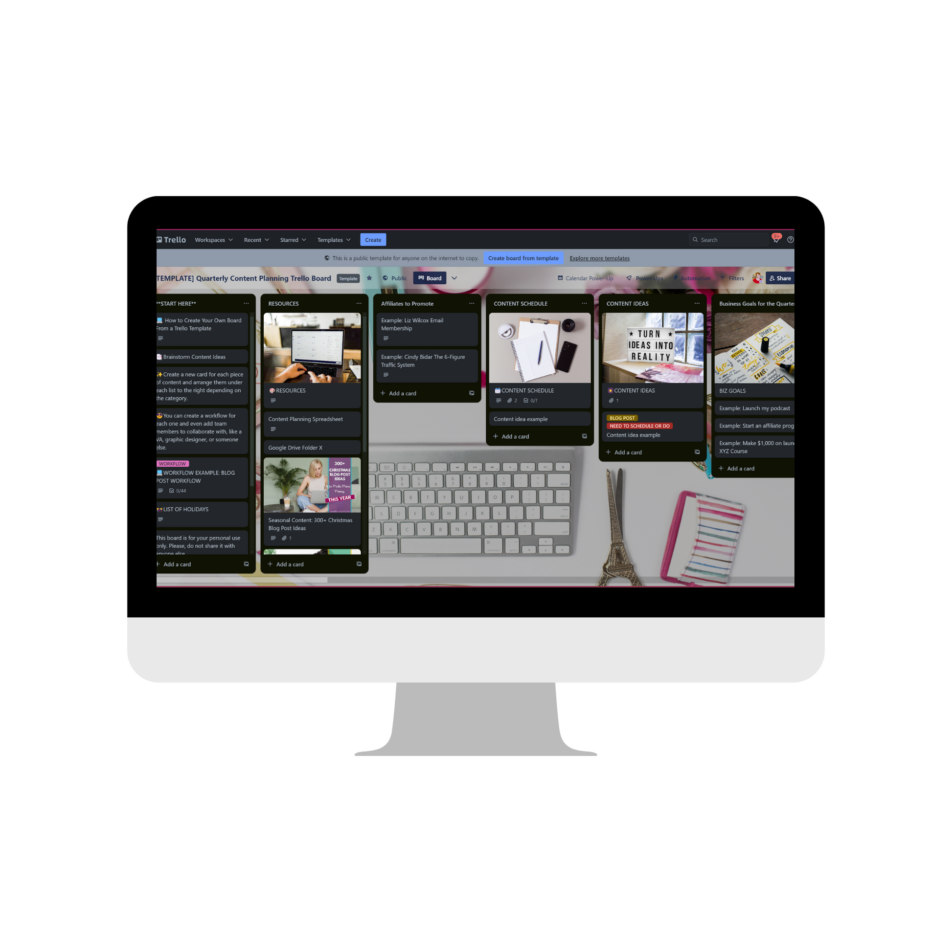 A computer monitor showcases the Content Catalyst SEO Hub from ContentPreneur Biz Shop, featuring a Trello board focused on content creation with various cards and columns dedicated to quarterly content planning.
