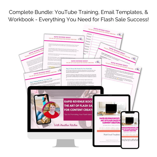 Comprehensive bundle for 'Rapid Revenue Boost' featuring YouTube training slides, customizable email templates, and an interactive workbook.