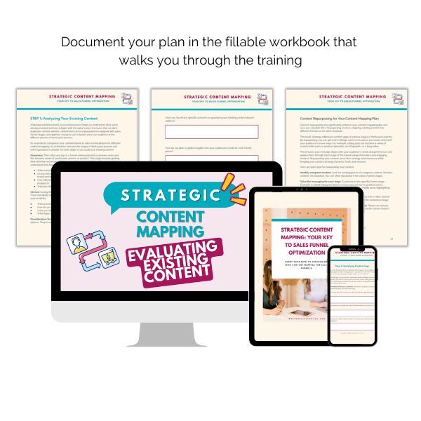 The image shows digital content for "Strategic Content Mapping: Your Key to Sales Funnel Optimization" by ContentPreneur Biz Shop displayed on a computer monitor, tablet, and smartphone. Additionally, three pages of a workbook are featured above, highlighting the documentation of a plan, evaluation of existing content, and integration of lead nurturing strategies within the sales funnel.