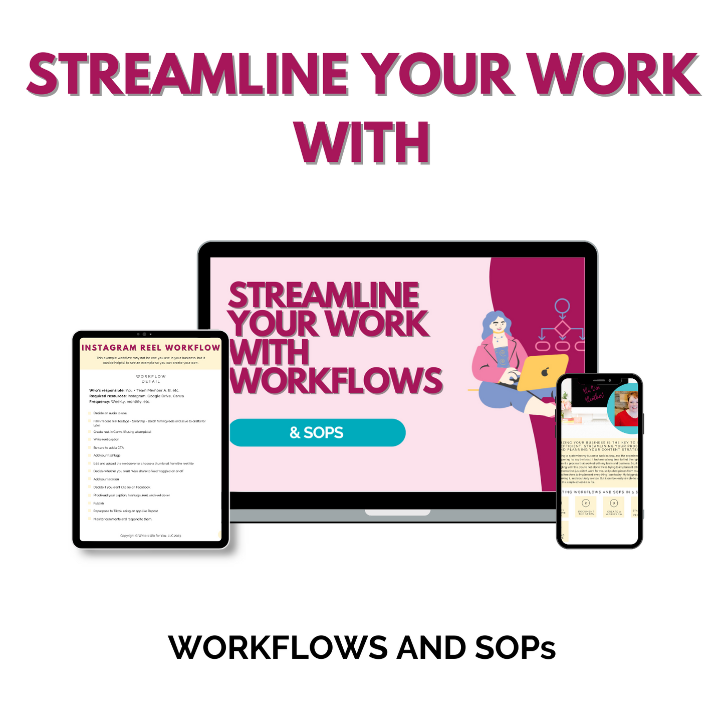 The image showcases a laptop, tablet, and smartphone displaying content focused on business efficiency through workflows and SOPs from ContentPreneur Biz Shop. The text "Streamline Your Work With Workflows and SOPs" is prominently featured at the top, while the devices depict digital workflows alongside Trello board templates.