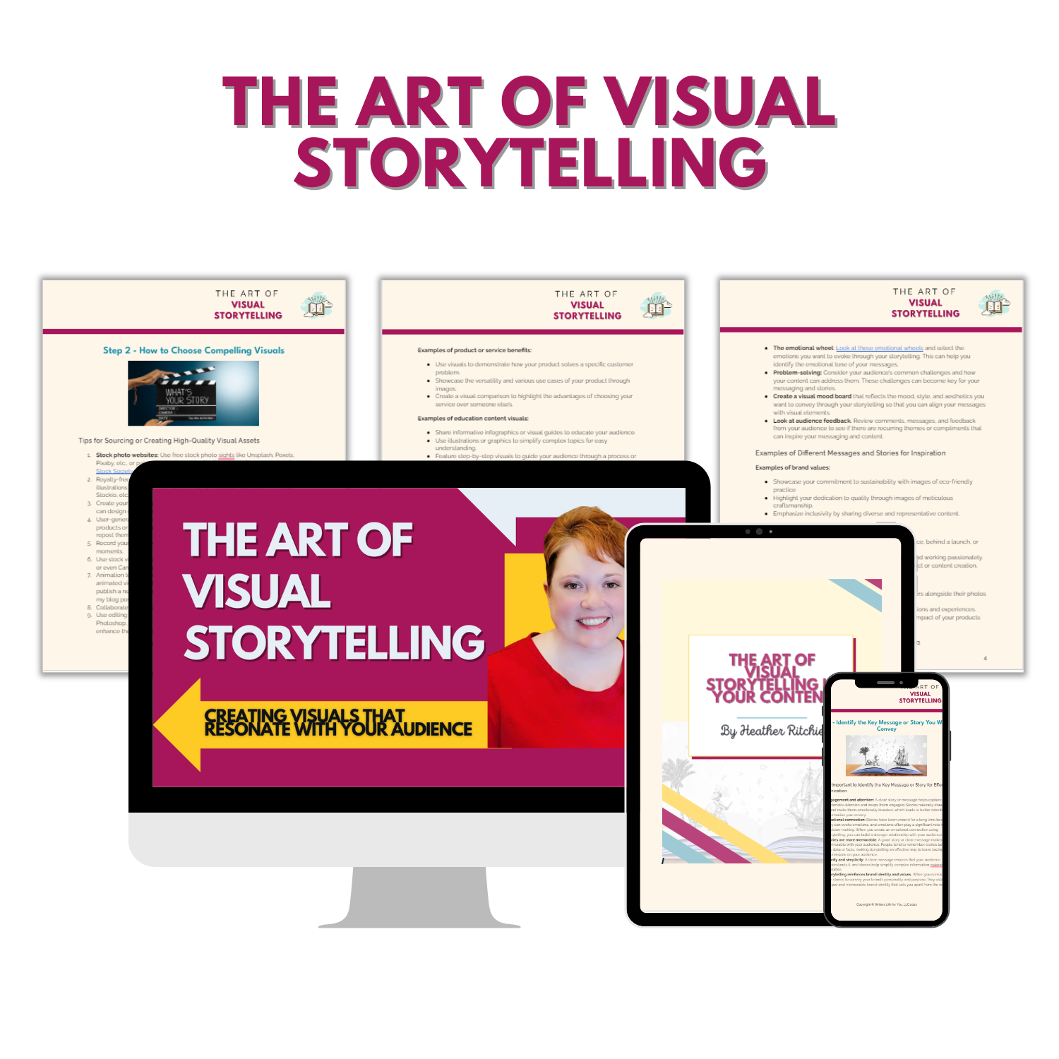 A digital display showcasing "The Art of Visual Storytelling" course by ContentPreneur Biz Shop. Seen are documents, a computer, a tablet, and a smartphone screen. The main screen shows a woman’s image and the course title. The documents outline storytelling strategies for creating compelling visuals in social media marketing.