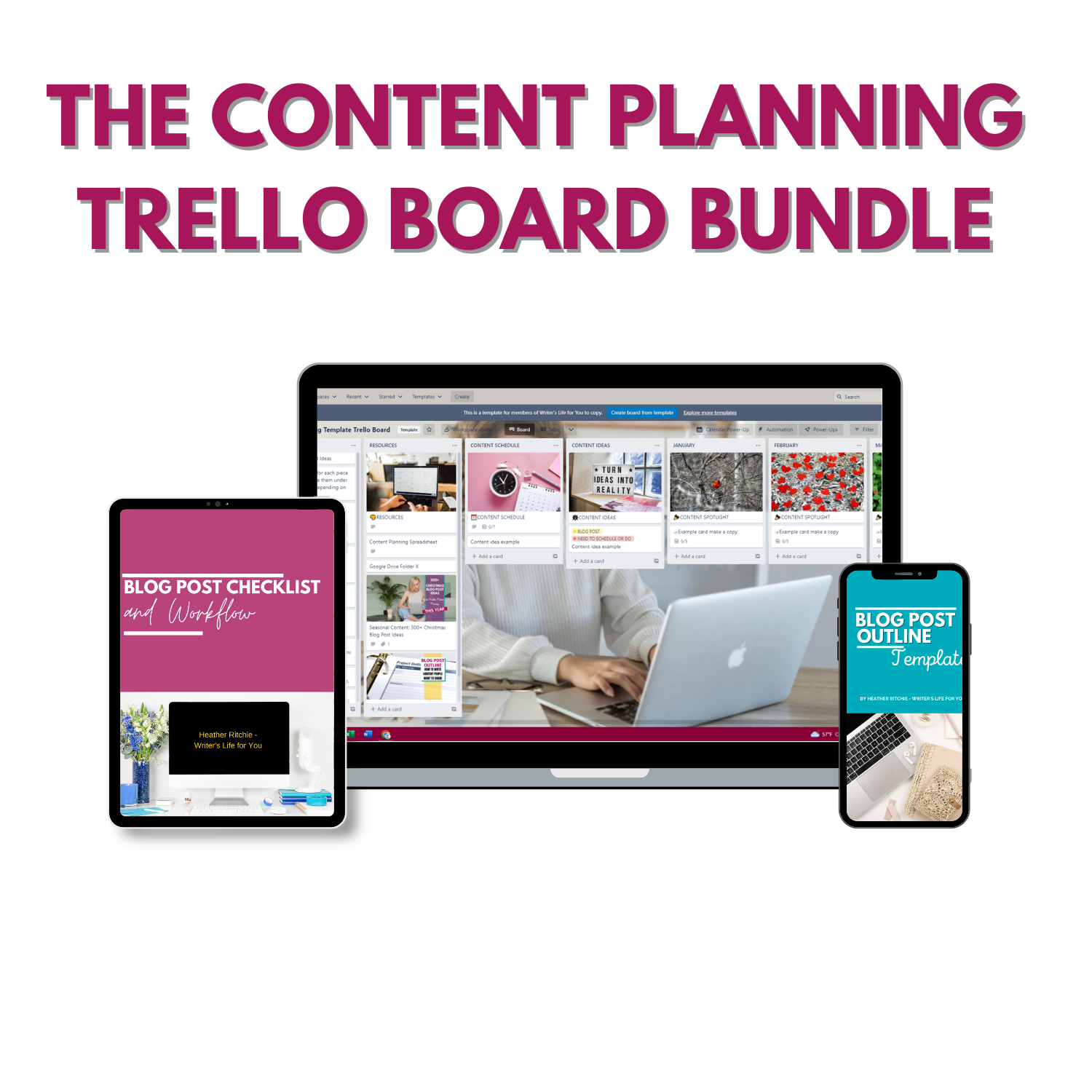 The image highlights the ContentPreneur Biz Shop's Content Planning Trello Board Bundle, vital for audience engagement strategies. A laptop screen exhibits the board filled with diverse cards, a tablet features a detailed blog post checklist and workflow, and a phone displays a structured blog post outline template.