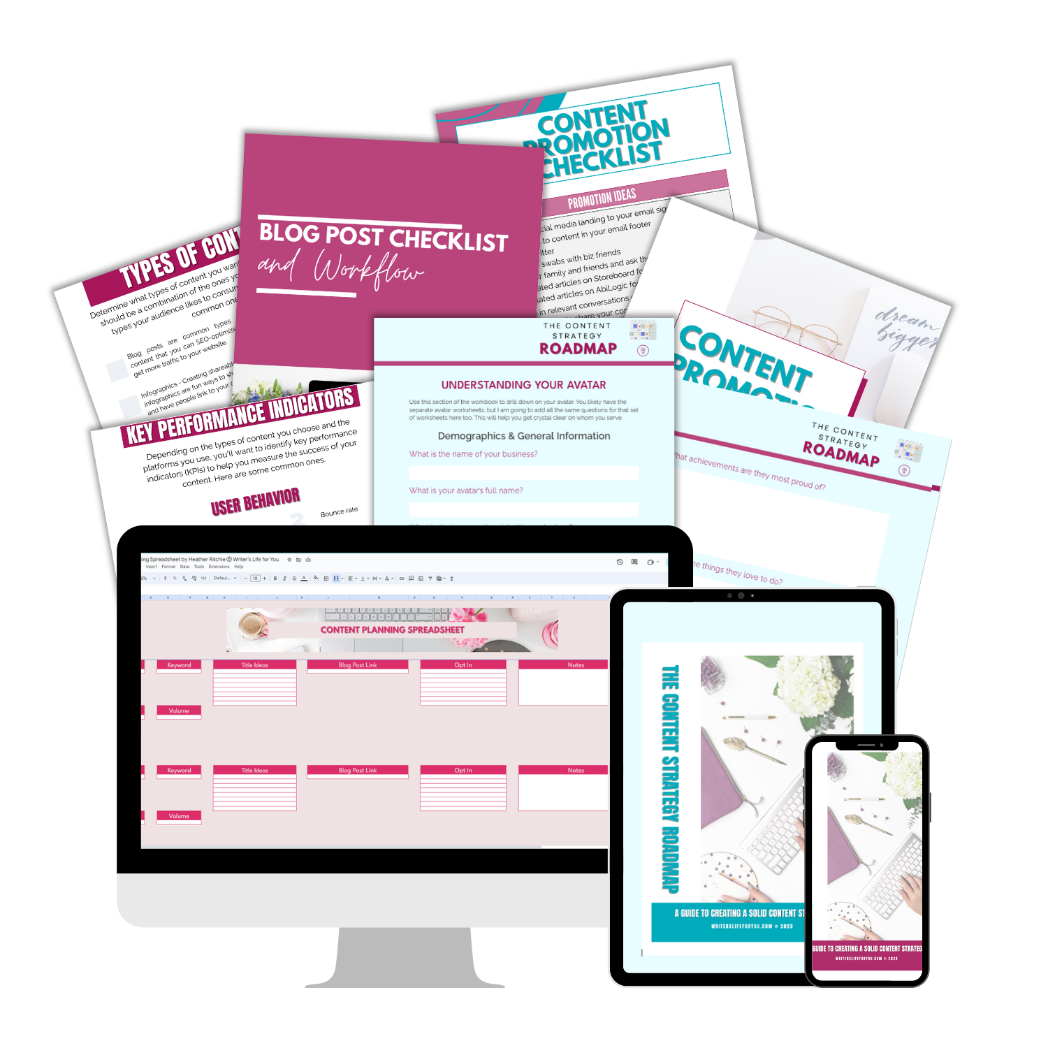 The ContentPreneur Biz Shop presents The Content Planning Trello Board Bundle, a comprehensive digital marketing toolkit designed for content planning and audience engagement. This bundle features a blog post checklist, types of content guide, content promotion checklist, and user behavior metrics, all seamlessly displayed across computer monitors, tablets, and smartphone screens.