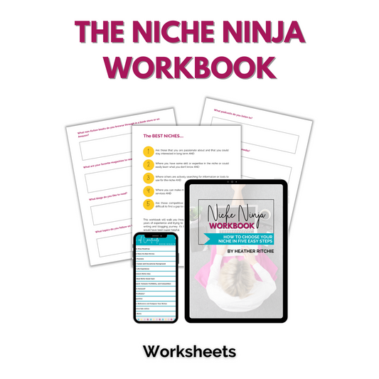 The "Niche Ninja Fillable Workbook" by ContentPreneur Biz Shop showcases its cover with a white cat and provides fillable worksheets for discovering your profitable niche. It's conveniently displayed on digital devices such as a tablet and phone, with the top text stating "Worksheets.