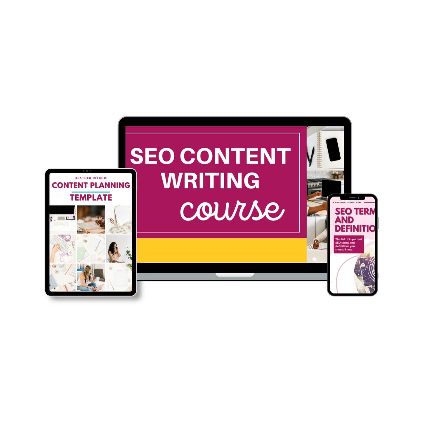 Image of digital devices showcasing The SEO Content Writing Course by ContentPreneur Biz Shop. A laptop screen displays "SEO CONTENT WRITING Course" in pink and yellow. An iPad shows a "Content Planning Template," while a phone highlights "SEO Terms and Definition." Ideal for individuals exploring keyword research.