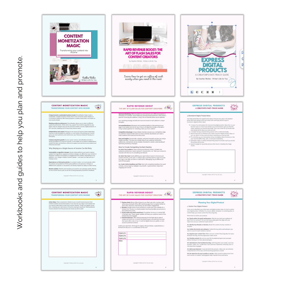 The Content to Cash Flow Bundle from ContentPreneur Biz Shop showcases eight pages from three distinct workbooks, including "Content Monetization Magic," "Rapid Revenue Boosts," and "Express Digital Products." Each workbook features various sections with vibrant designs. A note highlights: "Workbooks and guides to enhance your conversions and optimize email marketing strategies.