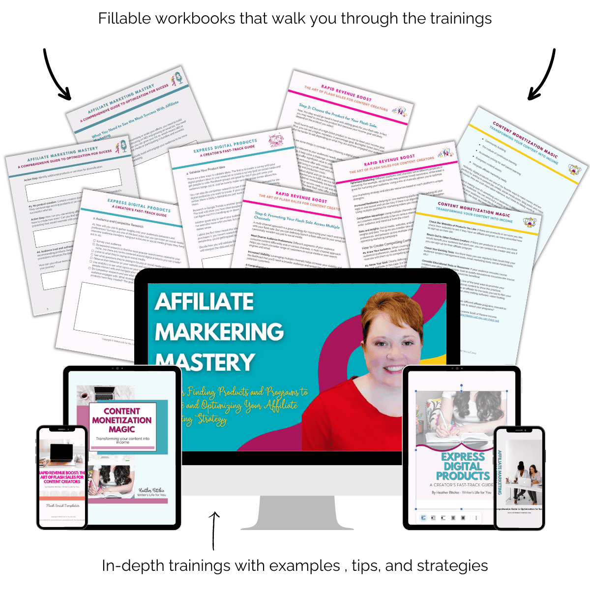 A display of The Content to Cash Flow Bundle from ContentPreneur Biz Shop showcases courses on affiliate marketing across various digital devices like a desktop monitor, tablet, and smartphones. The background is adorned with vibrant pages of fillable workbooks  like Content Monetization Magic, Rapid Revenue Boost, and Express Digital Products.